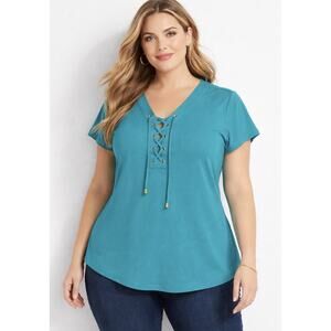INC International Concepts 1X Plus Teal Lace Up V Neck Knit Top NWT $54.50